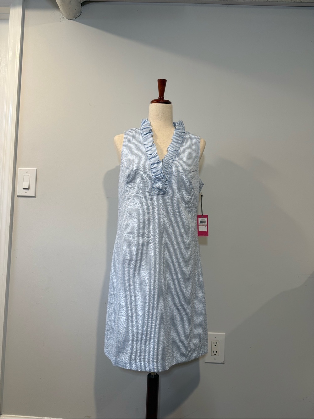 Vince Camuto Sky Blue and White Striped Sleeveless Dress